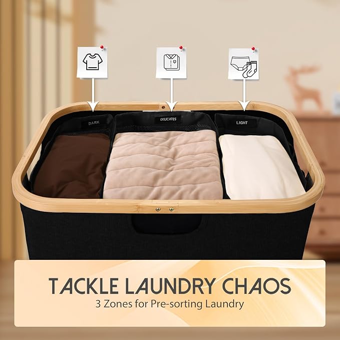 160L Laundry Sorter Hamper with Lid, 3 Section Extra Large Dirty Clothes Basket with Handles, 3 Removable Liner Bags & Labels, Black