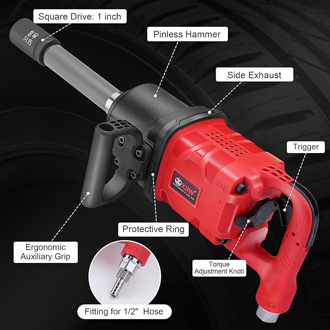 1 Inch Air Impact Wrench, Up to 4000 ft-lbs High Reverse Torque, 1'' Pneumatic Impact Gun w/ 9 Inch Extended Anvil and 2 D Handles 3800RPM for Heavy Duty Repairs