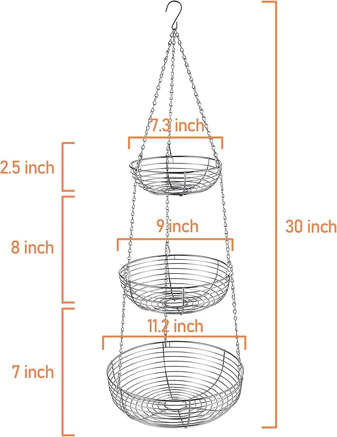 CAXXA 3-Tier Hanging Basket Fruit Organizer Kitchen Heavy Duty Wire Organizer with 2 Free Bonus Metal Ceiling Hooks, Chrome