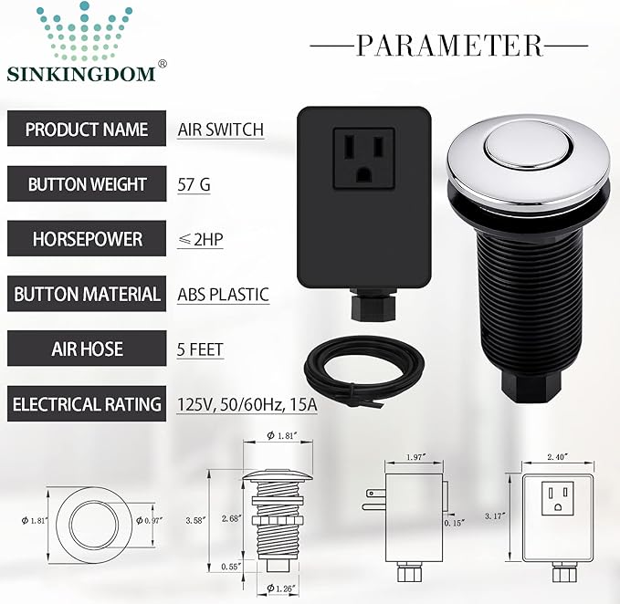 Garbage Disposal Air Switch Kit with Long Button, Chrome (Brass Cover)