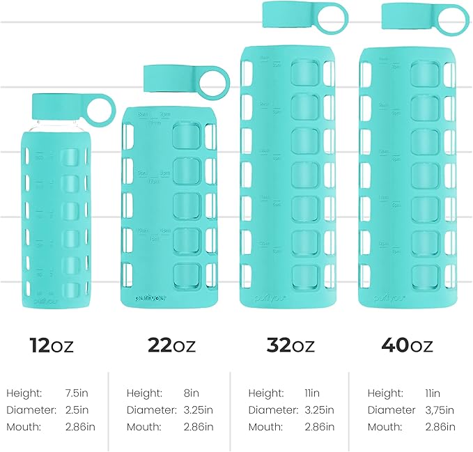 purifyou Premium 40/32 / 22/12 oz Glass Water Bottles with Times to Drink and Volume, Silicone Sleeve & Stainless Steel Lid Insert, Reusable for Fridge Water, Milk, Fruit Juice (Aqua Blue, 22 oz)