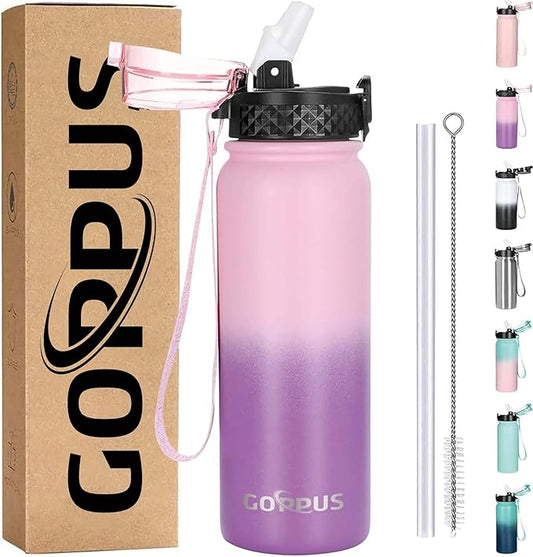GOPPUS 20 oz Kids Water Bottle with Straw Wide Mouth Lid Double Walled Insulated Stainless Steel Water Bottles with Strap Handle Stickers for Boys Girls School (Pink Purple 1 Lid)