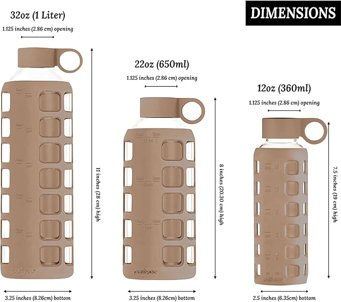 purifyou Glass Water Bottles 40/32 / 22/12 oz with Time & Volume Markings & Extra Thick Silicone Sleeve, Reusable Drinking Bottle for Water Milk Juice (32oz Iced Coffee)