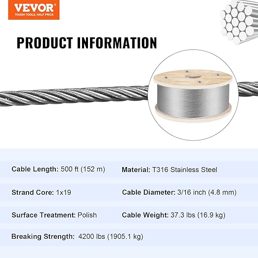 VEVOR 3/16 Stainless Steel Wire Rope 500ft, T316 Steel Wire Cable, Deck Railing 1x19 Strands Construction, 4200LBS Breaking Strength for Stair Handrail Clothesline