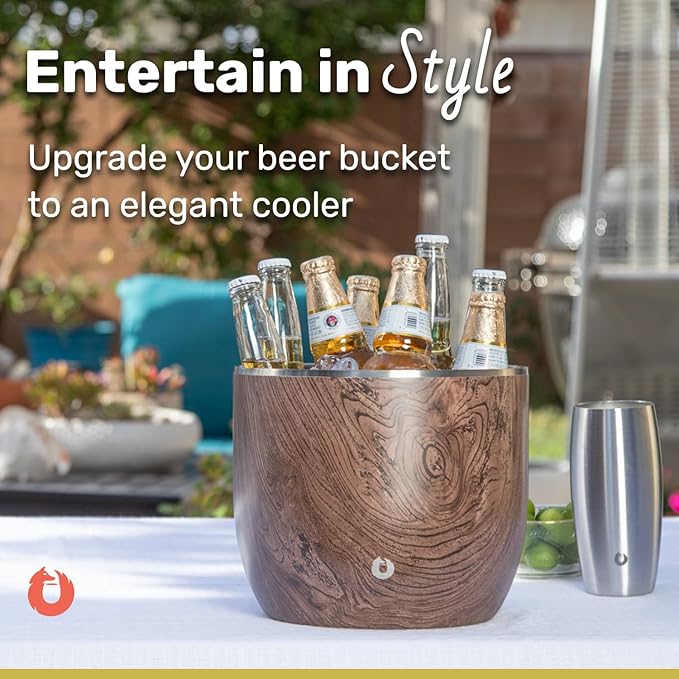 SNOWFOX XL Premium Vacuum Insulated Double Wall Stainless Steel Ice Bucket with Lid/Scoop, Bar Accessories, Large Elegant Party Bucket, Chill Several Bottles, Beautiful Entertaining, 7L, Natural Teak