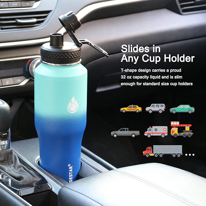 SENDESTAR Water Bottle 32oz,2 Lids(Straw lid),Wide Mouth Stainless Steel Vacuum Insulated Double Wall Keep Liquids Cold or Hot All Day,Sweat Proof Sport Design,Fit Car Cup Holder(Mint&Cobalt)