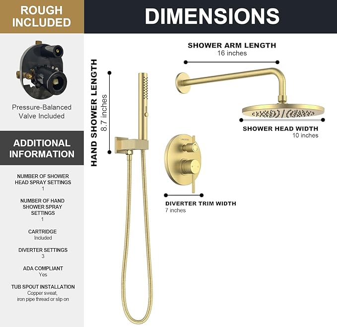 Lava Odoro Modern 2-Setting Round Rain Shower System, Gold Rainfall Shower Faucet Set Rain Shower Head and Handle Set, Shower Valve Trim Kit, 10 Inch, Brushed Gold, SF104-SG
