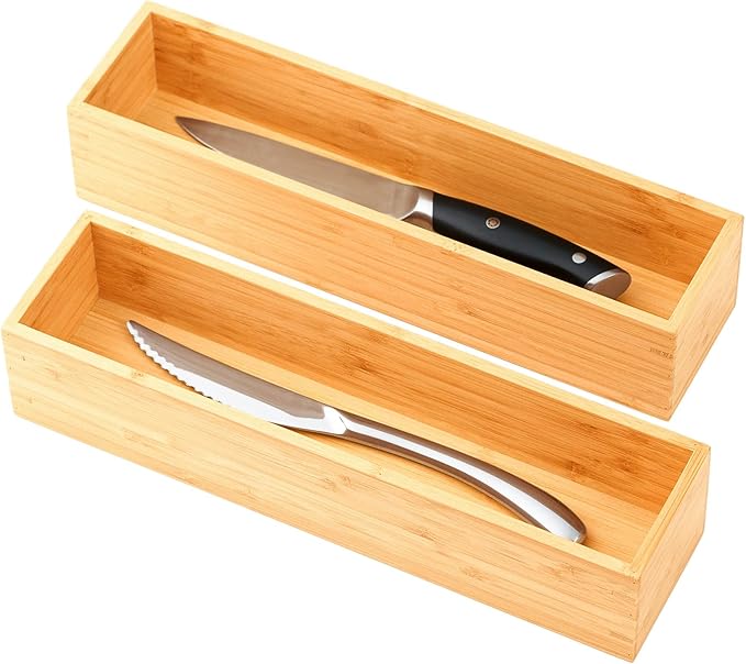 Umilife Bamboo Kitchen Drawer Organizer, Extra High Silverware Tray, Flatware Cutlery Storage Box, Multi-Use Holder in Office, Bathroom, Pantry - 12"x3"x2.5" (Set of 2)