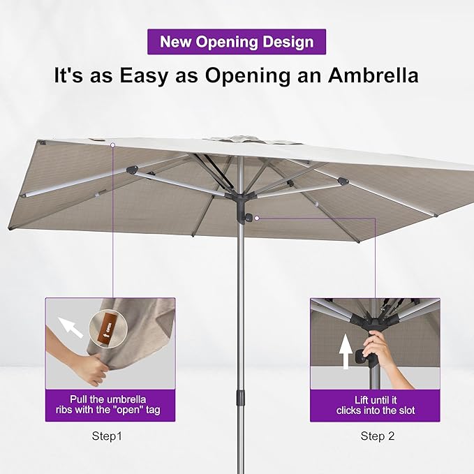 PURPLE LEAF 6 X 10 FT Semi-Auto Outdoor Patio Umbrella Market Table Sun Umbrellas with 6 Aluminum Sturdy Ribs for Backyard Deck Garden Pool (Silver Pole Beige Canopy)