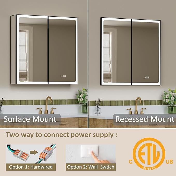 32x32 Inch Led Lighted Medicine Cabinet with Mirror, Recessed or Surface Mount Bathroom Medicine Cabinet, Anti-Fog, Adjustable Shelf, Dimmable Light, Outlets & USB, ETL Listed, Black
