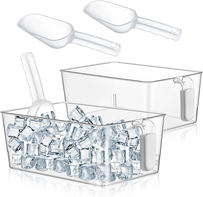 Havawish 2 Set Ice Bin and Flexible Scoop Set Plastic Freezer Ice Bin with Pull out Handle Clear Ice Storage Ice Bucket for Freezer Ice Container with Ice Bucket Scoop Kitchen (10.83 x 7 x 4.33 in)