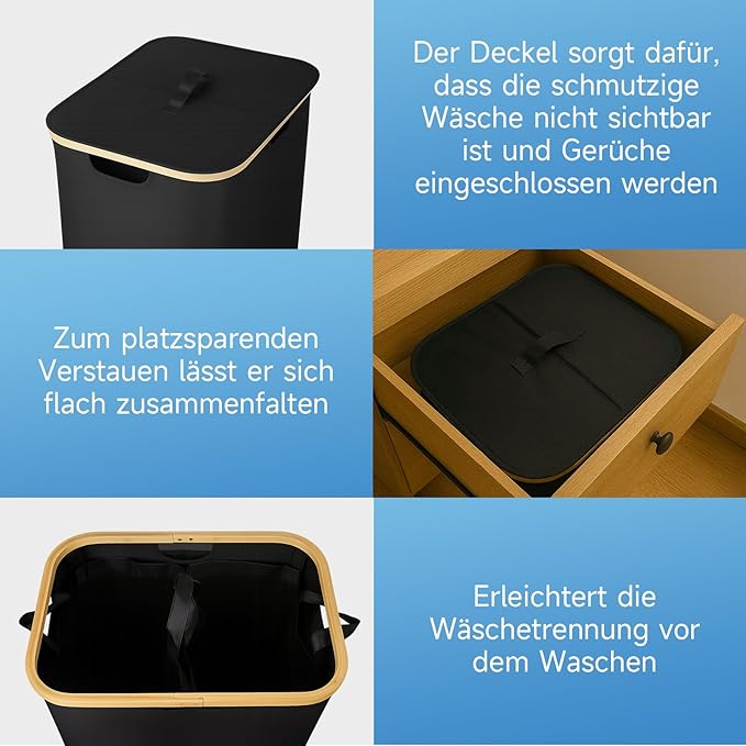 145L Double Laundry Basket with Lid, 2 Section Dirty Clothes Hamper with 2 Removable Bags for Bedroom, Bathroom, Dorm, Black