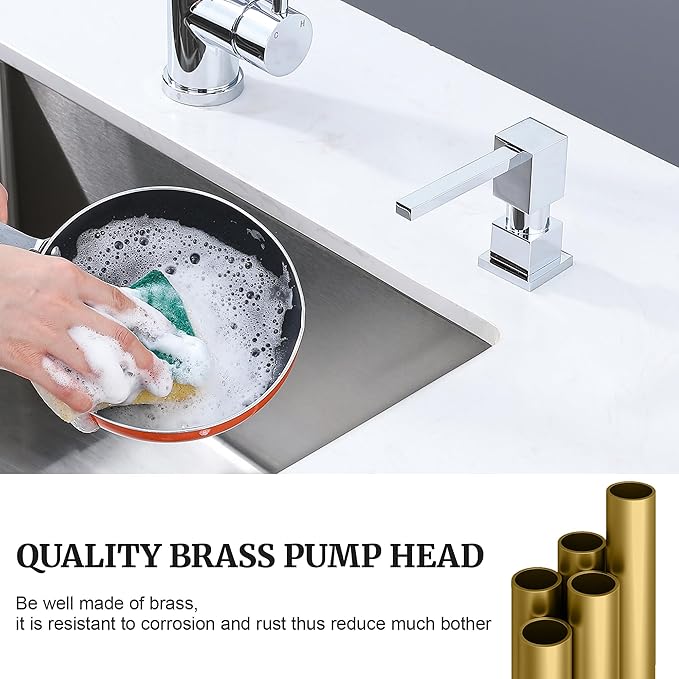 Sink Soap Dispenser for Kitchen Sink (Chrome), All Brass Built-in and Refill from Top Design,Metal Hand Soap & Dish Soap Copper Pump