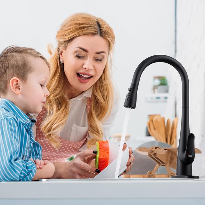 Kitchen Faucet with Soap Dispenser and Pull Down Sprayer - Stainless Steel Single Handle Kitchen Sink Faucet, 1 or 3 Hole Design for Modern Farmhouse Kitchens, Rv, and Bar Sinks (Matte Black)