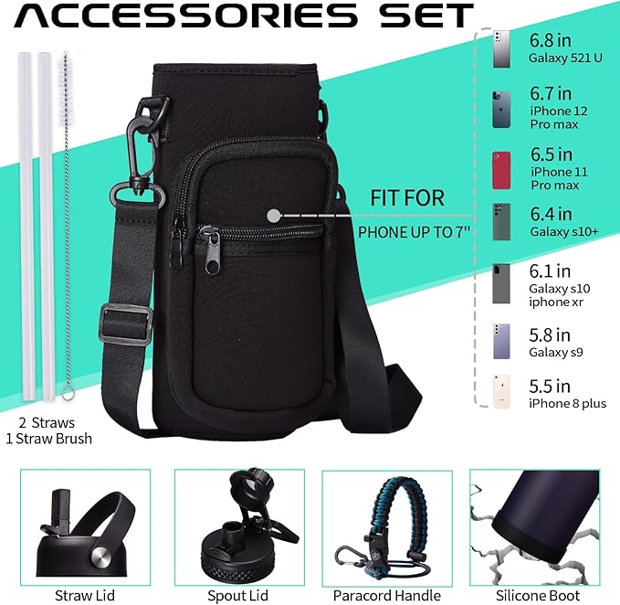 Vacuum Insulated Water Bottle 40oz - with Straw & Spout Lids, Paracord Handle, Shoulder Carrier Bag, Sport Stainless Steel , Double-wall Metal Water Bottle Thermo Hydro Mug Flask