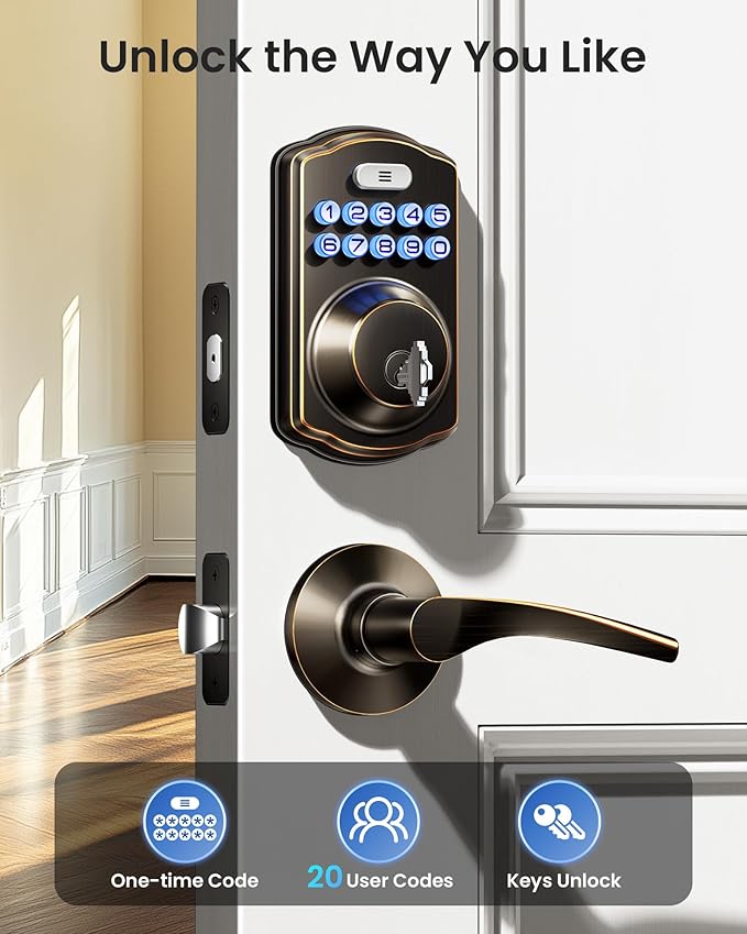 Veise Keyless Entry Door Lock with 2 Lever Handles - Electronic Keypad Deadbolt, Easy Installation Digital Smart Front Door Lock Set, Oil Rubbed Bronze