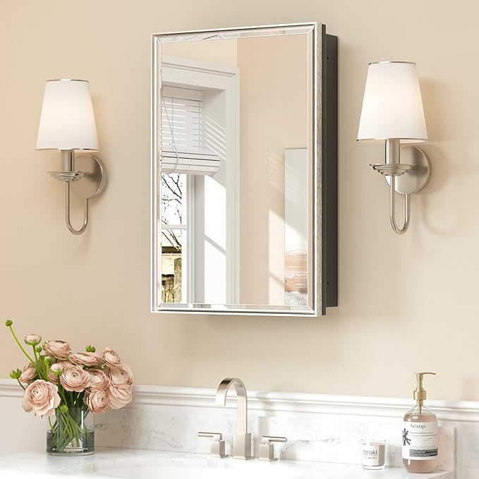 Keonjinn 16" x 24" Medicine Cabinets with Mirror for Bathroom, Brushed Nickel Recessed or Surface Wall-Mounted Aluminum Alloy Framed Beveled Mirror, Farmhouse Bathroom Mirror with Storage Cabinet
