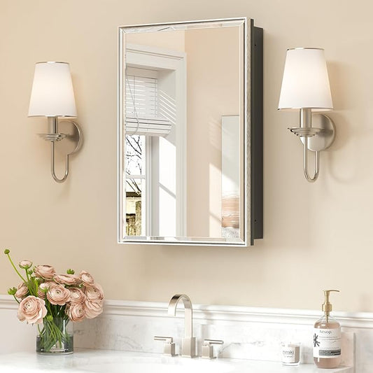 Keonjinn 16" x 24" Medicine Cabinets with Mirror for Bathroom, Brushed Nickel Recessed or Surface Wall-Mounted Aluminum Alloy Framed Beveled Mirror, Farmhouse Bathroom Mirror with Storage Cabinet