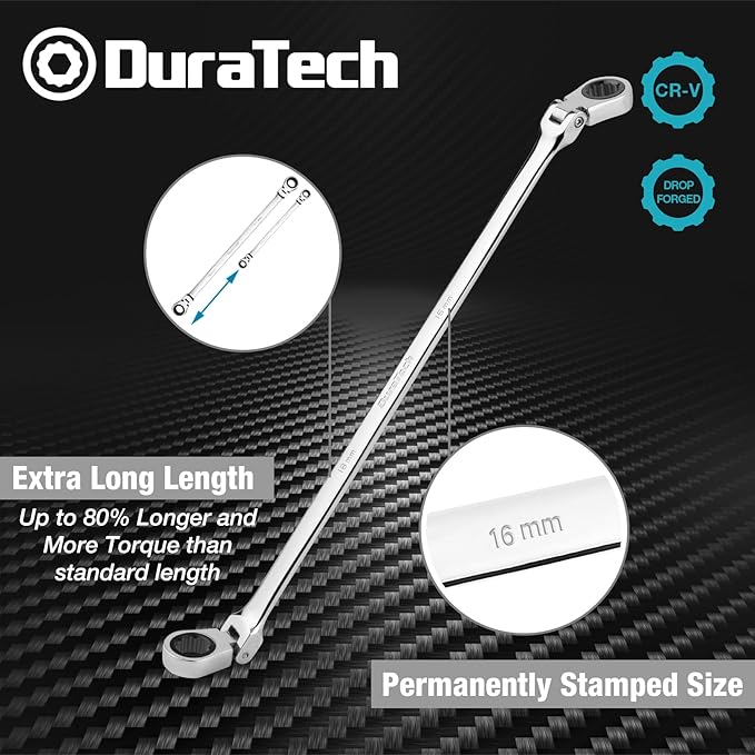 DURATECH 16 * 18 mm Extra Long Flex-Head Ratcheting Wrench, Metric, CR-V Steel