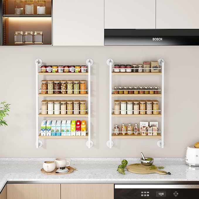 IBUYKE Spice Rack Wall Mount,4 Tier Hanging Seasoning Organizer,Spice Rack for Wall for up to 50 Jars,Spice Organization for Kitchen Cabinet,Living Room,Bathroom,Pantry,Natural TLJ016R