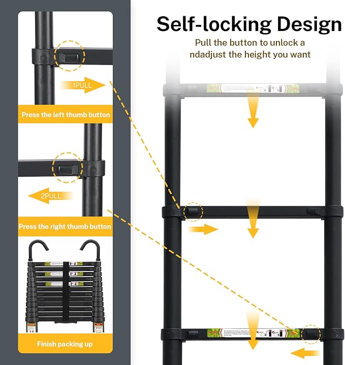 Telescopic Ladder, 12.5FT RIKADE Aluminum Telescoping Ladder with Non-Slip Feet and Stable Hook, Portable Extension Ladder for Household and Outdoor Working, 330lb Capacity Black