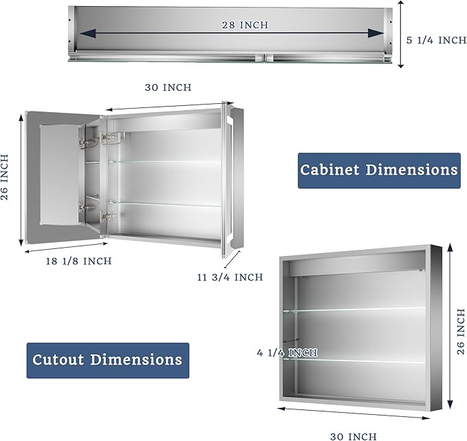 ExBrite LED Lighted Bathroom Medicine Cabinet with Mirror, 30 x 26 Inch, Recessed or Surface Mount, Anti-Fog, Stepless Dimming, Color Temperature Change, Built-in 6000K Sensor Light, Storage Shelves