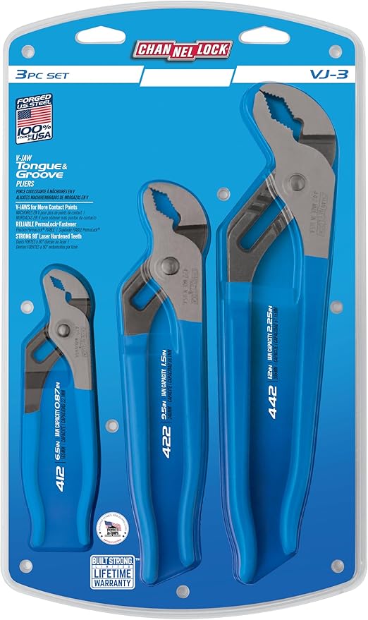 Channellock VJ-3 Tongue and Groove Plier Set,Dipped,3Pcs. Blue, 6.5", 9.5", 12"