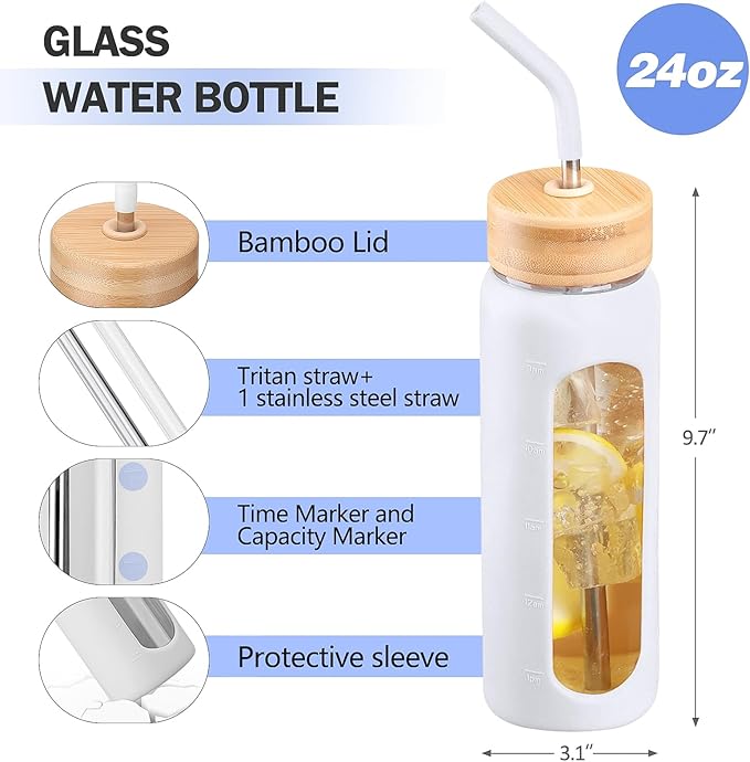 Glass Water Bottles with Straw -24oz- Water Bottle Phone Holder for Gym Sports Water Bottles with Silicone Sleeve Glass Drinking Bottles 2 Lids - Spout & Bamboo Straw Lid(White)