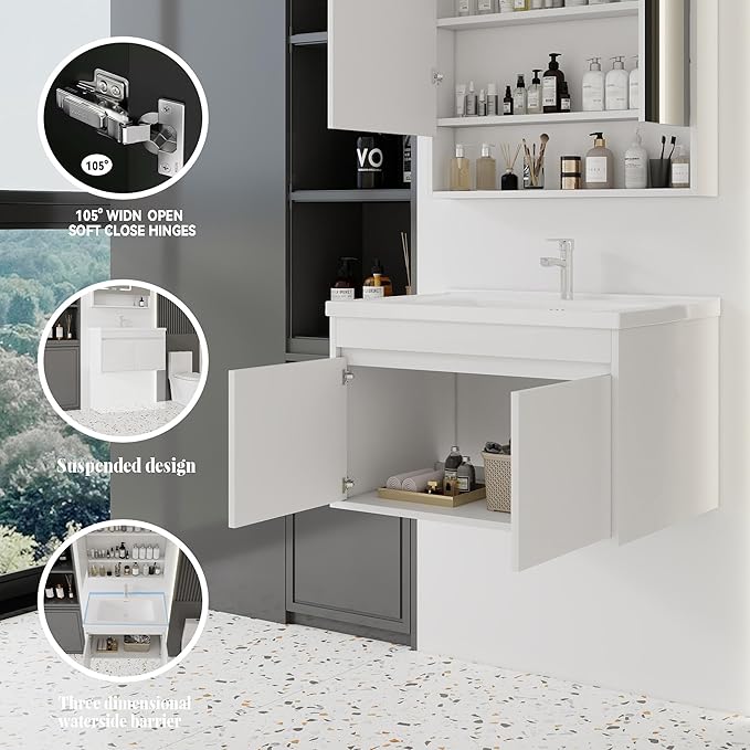 32'' Bathroom Vanity with Ceramic Sink Combo, Wall Mounted Small Bathroom Vanity with Soft-Close Door Modern Floating Cabinet, Pop-up Drain, P-Trap Included, White(No Faucet)