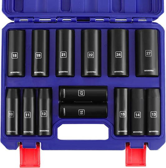 WORKPRO 14-Piece 1/2＂ Drive Deep Impact Socket Set, 6-Point Impact Deep Socket Set with Heavy Duty Storage Case for Automotive and Mechanical Repairs, 10mm-27mm, Cr-V Steel, Metric