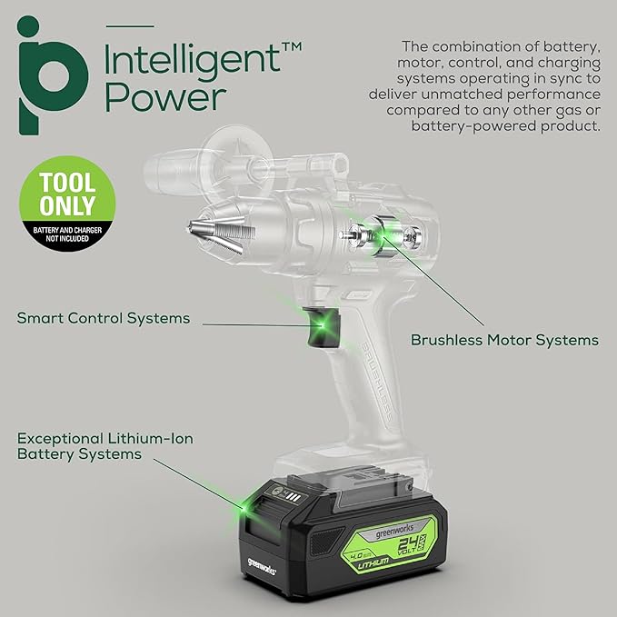 Greenworks 24V Cordless Brushless 1/2" Drill Driver (Metal Chuck /800 in.-lbs. /21 Clutch Position/LED Light), Tool Only