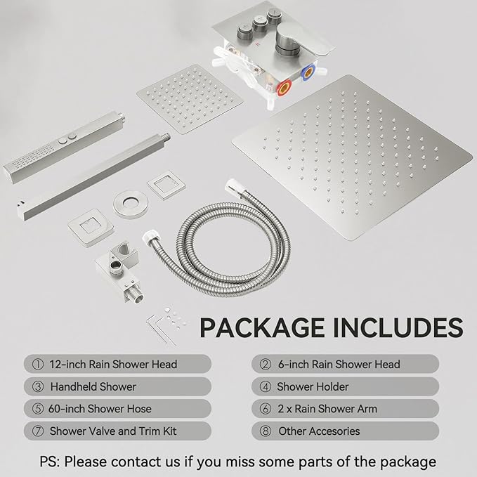 Shower System Dual Head，STARBATH 12+6" Rainfall Shower Head and Handheld Spray, Wall Mounted 3 Way Shower Faucet Set with Push Button Pressure Balance Valve and Trim Kit Brushed Nickel