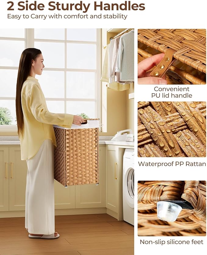 Greenstell Laundry Hamper with lid, No Install Needed, 110L Wicker Laundry Baskets Foldable 2 Removable Liner Bags, 2 Section Clothes Hamper Handwoven Rattan Laundry Basket with Handles, Natural