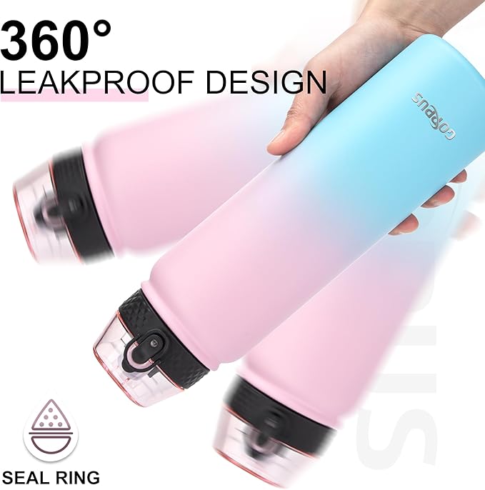 GOPPUS 32 oz Sports Water Bottle 1 Liter Double Wall Insulated Stainless Steel Water Bottles with Straw Lid Reusable Leak proof Metal water bottles with Strap Handle(Pink Blue 1 lid)