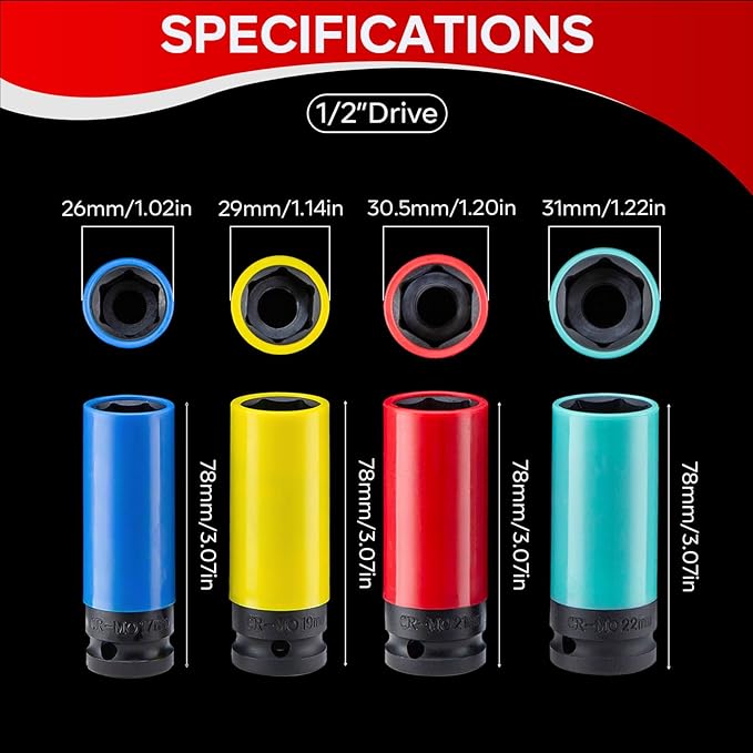 4 PCS 1/2 inch Drive Impact Lug Nut Socket, Metric 17 19 21 22 MM Thin Wall Deep Socket Set,Non-Marring Wheel Protectors Impact Socket,6 Point Axle Nut Socket Set