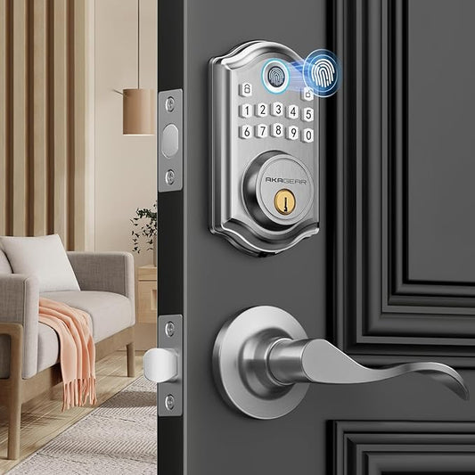 DS10 Keyless Entry Door Lock with Handle - 2 Lever Handles, Fingerprint Door Lock, Keypad Deadbolt, 2 Keys, Code, Smart Locks for Front Door, Auto-Lock, Easy Installation - Satin Nickel