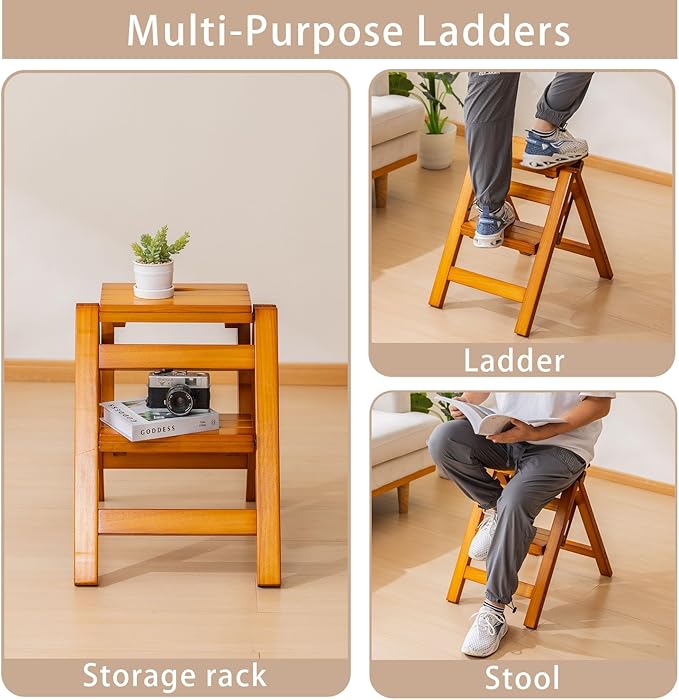 Wooden Step Stool, Foldable 2 Step Ladder, Solid Wood Ladder Stool for for Home, Kitchen & Garden Walnut