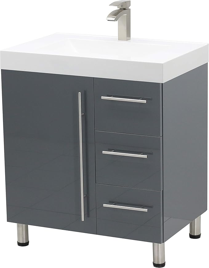 30" Freestanding Bathroom Vanity, High Gloss Dark Grey. White Integrated Countertop