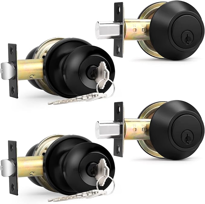 Probrico Black Keyed Alike Entry Knobs Front Door Locks Exterior Lockset and Single Cylinder Deadbolt Combination Set, 2 Pack