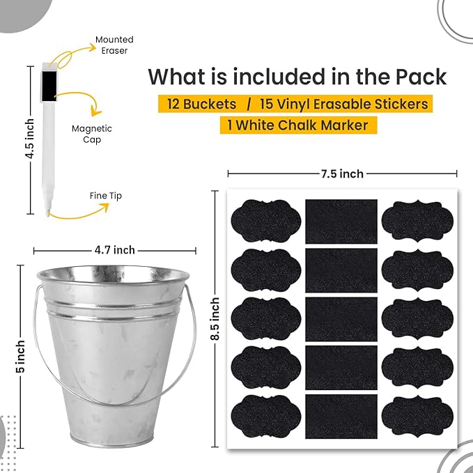 Galvanized Metal Bucket with Handle 12 Pcs- Metal Buckets for Party, Tin Buckets with erasable Stickers and Chalk Marker Silver Bucket 4.7" W x 5" H x 2.7" L
