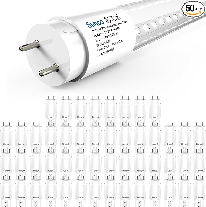 Sunco 50 Pack T8 LED Bulbs 4 Foot, LED Fluorescent Tube Replacement, 4ft LED Tube Light, Ballast Bypass, 2200 LM, 18W, 4000K Cool White, Single Ended Power, Clear Lens, UL