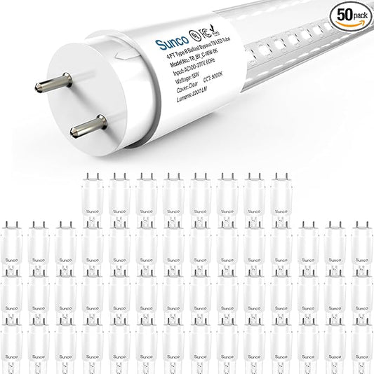 Sunco 50 Pack T8 LED Bulbs 4 Foot, LED Fluorescent Tube Replacement, 4ft LED Tube Light, Ballast Bypass, 2200 LM, 18W, 4000K Cool White, Single Ended Power, Clear Lens, UL
