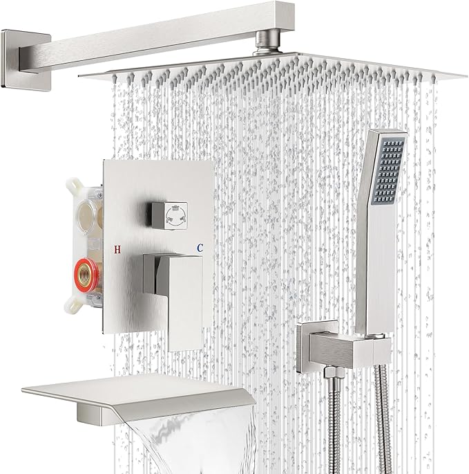 Rain Shower Faucet Set Wall Mounted Rainfall with Tub Spout Shower Head System Rough-in Valve Body and Trim Included Brush Nickel (10 Inches)
