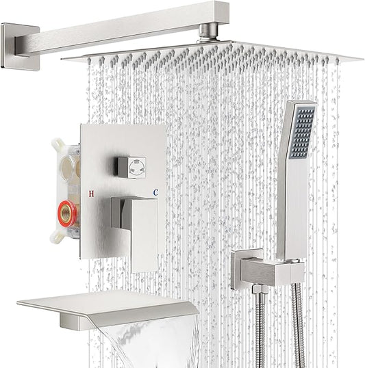 Rain Shower Faucet Set Wall Mounted Rainfall with Tub Spout Shower Head System Rough-in Valve Body and Trim Included Brush Nickel (10 Inches)