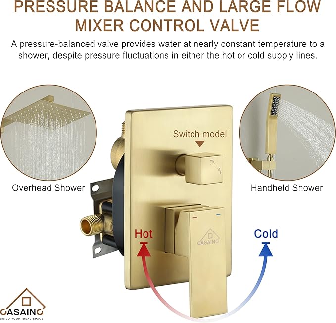 CASAINC Rainfall Shower Head Combo Set 10 Inches Bathroom Luxury Rain Shower Head with Handheld Spray Wall Mounted Shower Faucet Set with Valve and Trim (Brushed Gold)