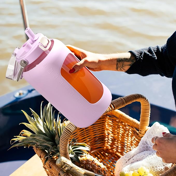 84oz Glass Water Bottle with Stainless Steel Handle,2.5L Gallon Water Bottle With 2-IN-1 Straw Lid, Silicone Sleeve and Motivational Capacity Marker, Wide Mouth Water Jug For Gym, Purple