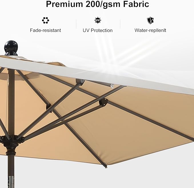 PURPLE LEAF 10' x 6.5' Rectangular Patio Umbrella Outdoor Table Umbrella Aluminum Frame Market Umbrella Sun Umbrella with 8 Sturdy Ribs & Tilt for Garden Deck Lawn & Pool Beige