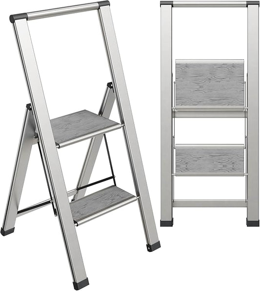 Step Ladder 2 Step Folding, Decorative - Beautiful Gray Wood & Silver Aluminum, Ultra Slim Profile, Anti Slip Steps, Sturdy-Portable for Home, Office, Kitchen, Photography Use,by SORFEY
