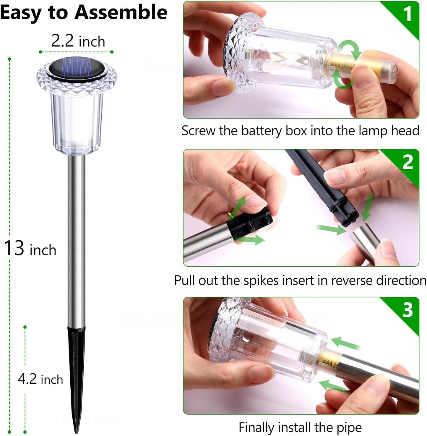 DenicMic Solar Lights Outdoor 10 Pack Waterproof 3000K Warm White LED Acrylic lamp Head Stainless Steel Stake for Landscape Lighting Path Walkway Sidewalk Backyard Patio Decor