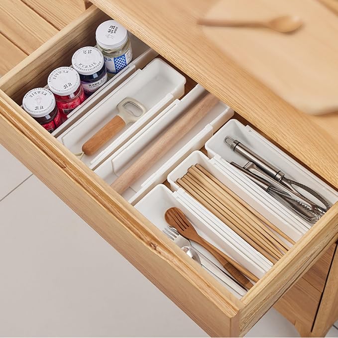 Drawer Organizers Set,Expandable Drawer Organizer Trays,Drawer Organizer Bins for Bedroom,Bathroom, Kitchen, Office (White,4pack)